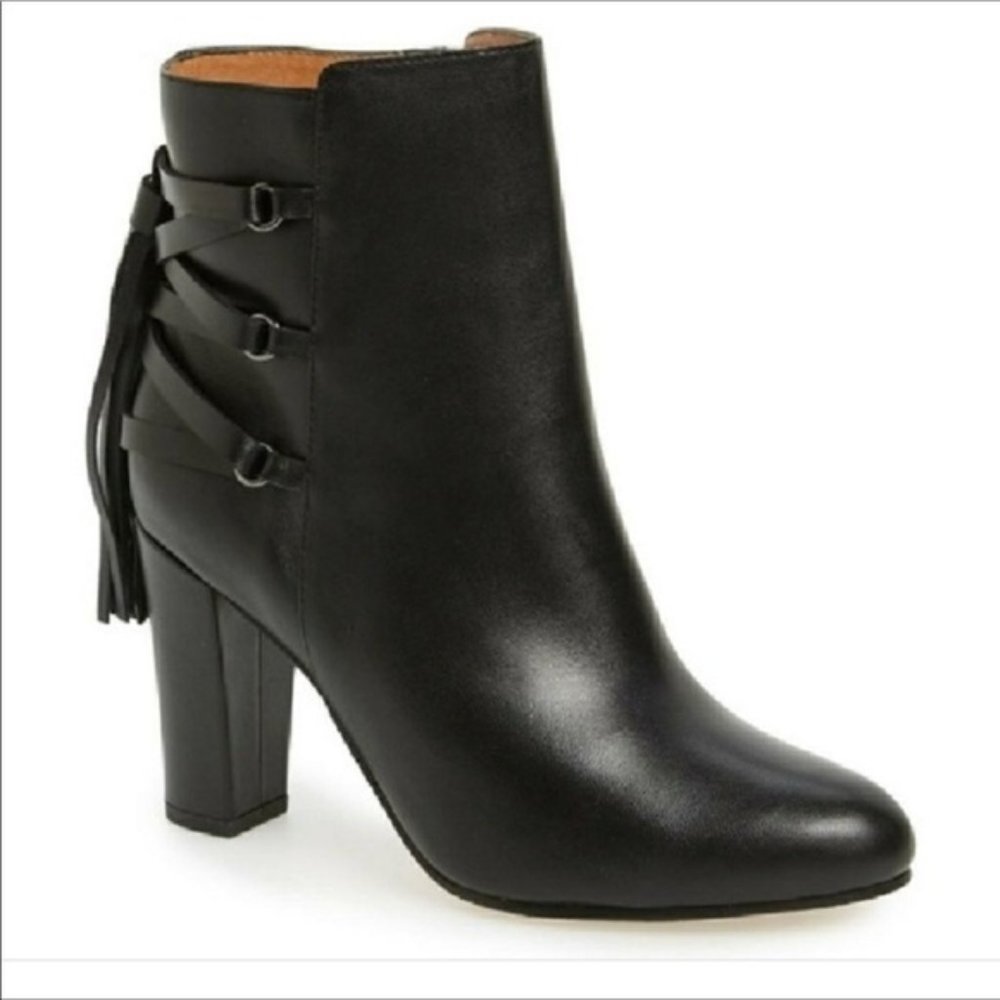 Halogen Sadee Tassel Fringe Ankle Boots with 3” Heel Black Leather Size 6